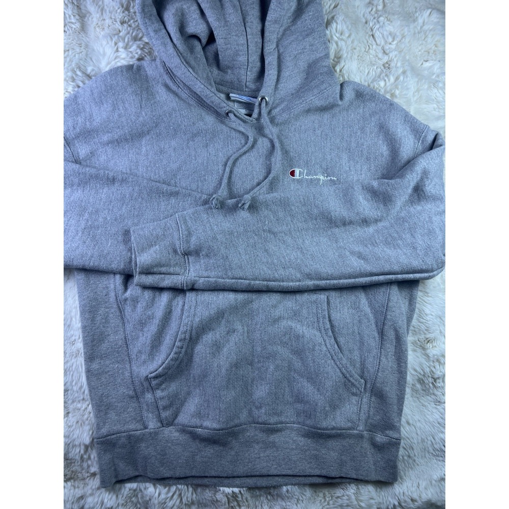 Champion Reverse Weave Gray Pullover Hoodie Sweatshirt Mens Medium Script LogoA6